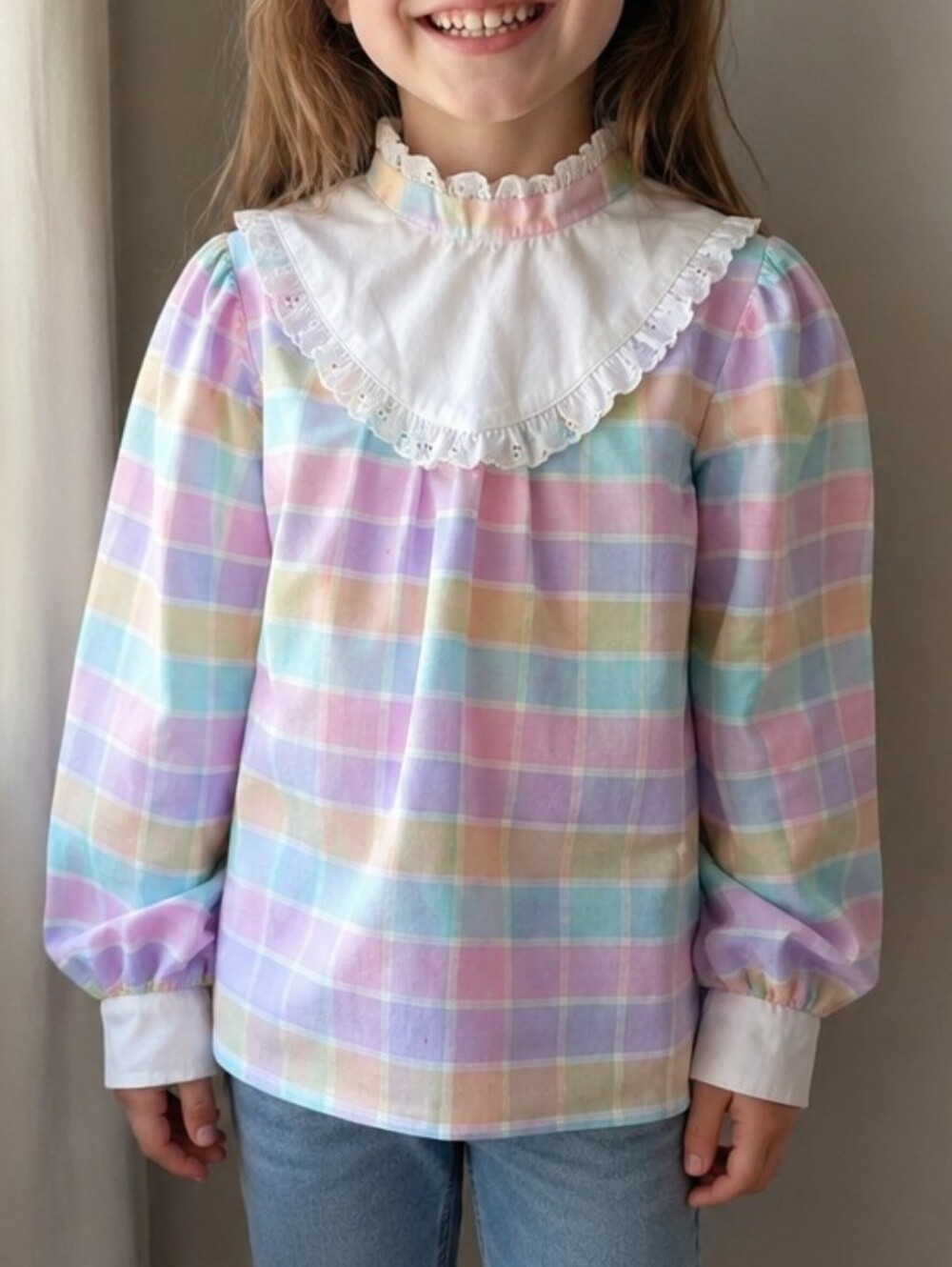 Vintage Sugar Kaine Pastel Plaid Prairie Blouse Girls Size 7 Made in Canada Lace